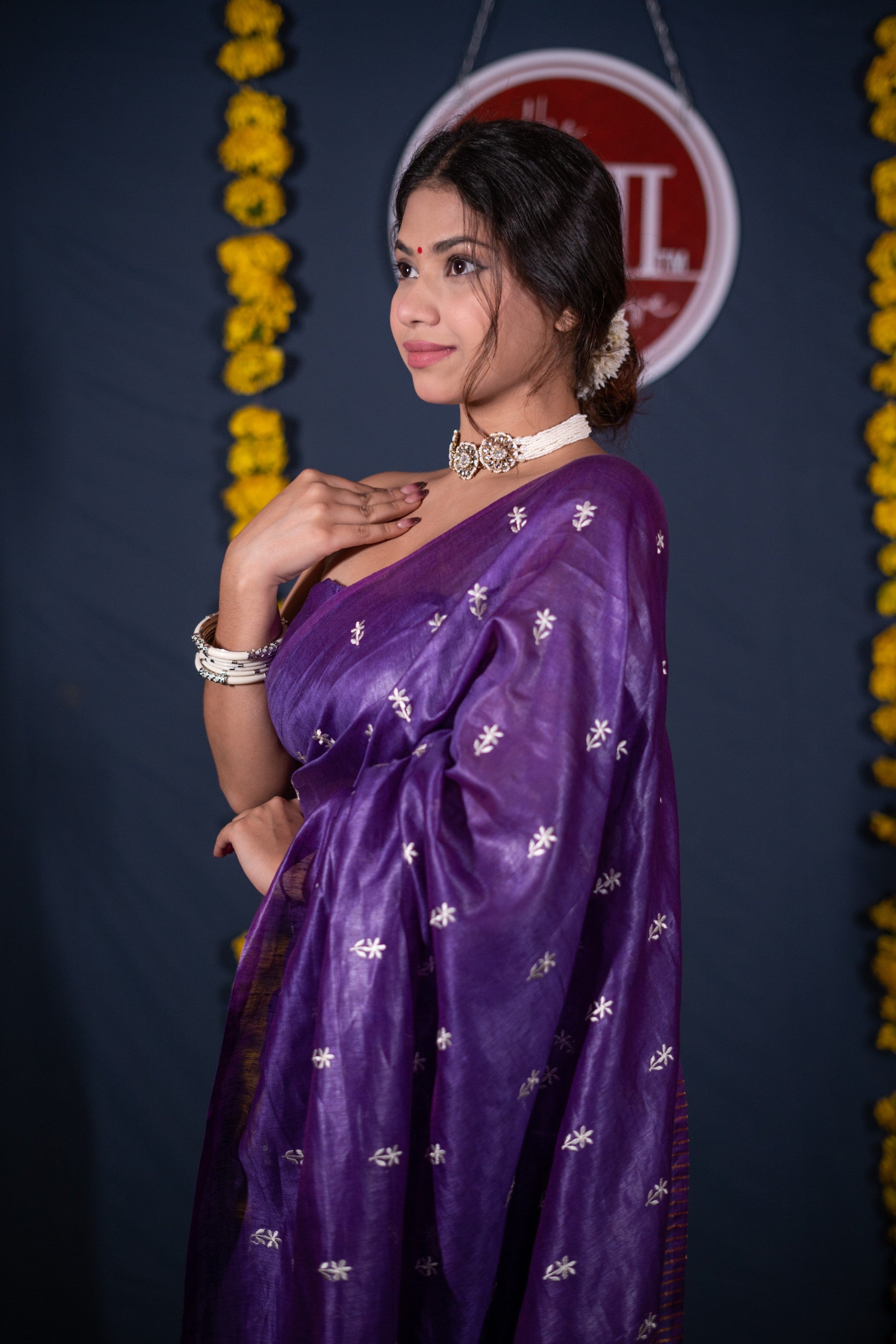 Madhulika- Purple Floral Silk Linen Saree