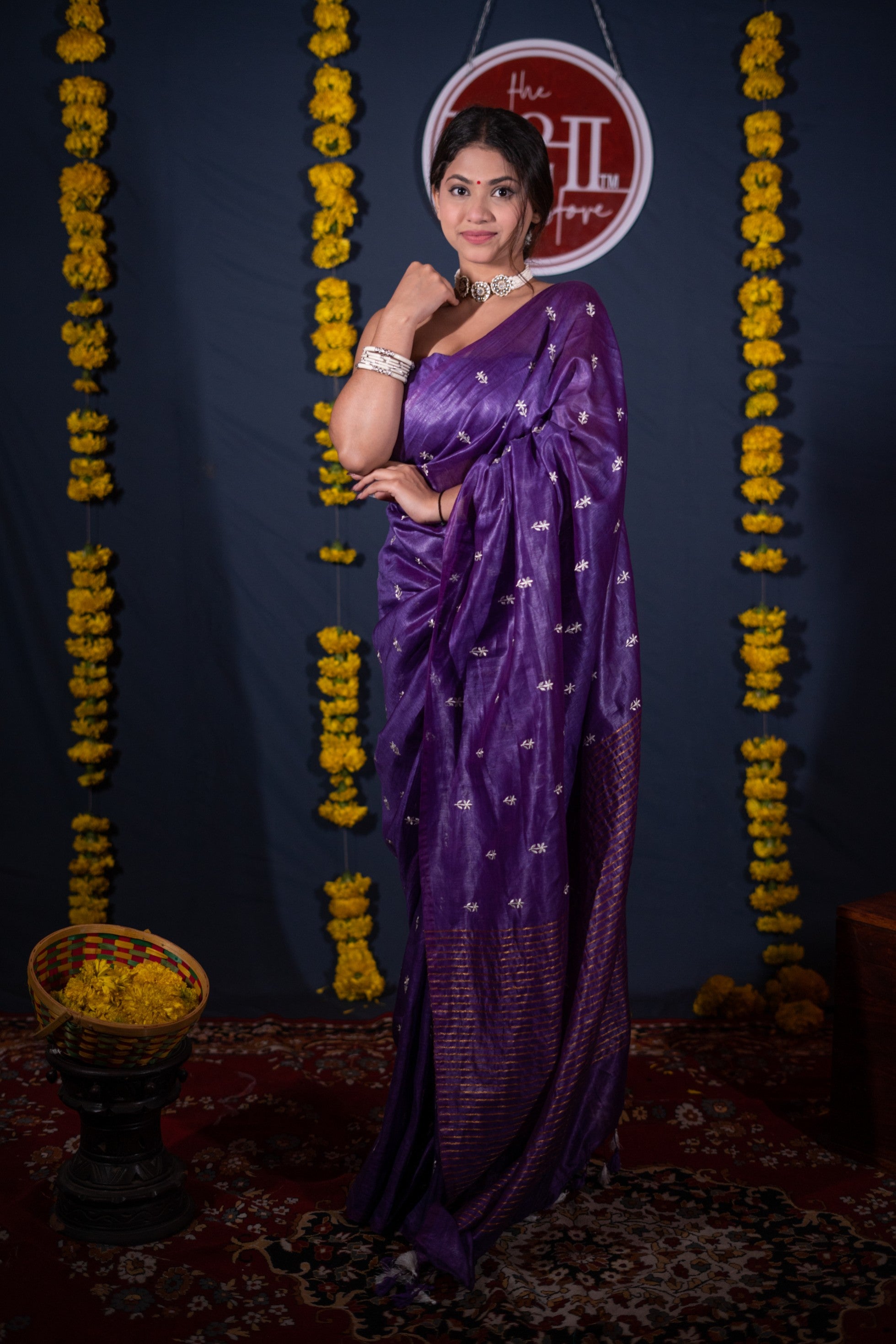 Madhulika- Purple Floral Silk Linen Saree