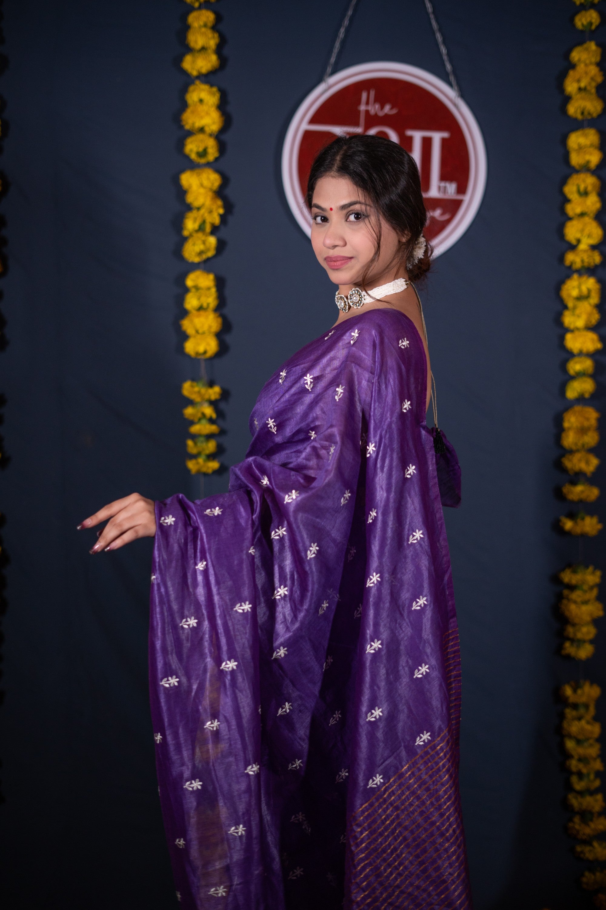 Madhulika- Purple Floral Silk Linen Saree