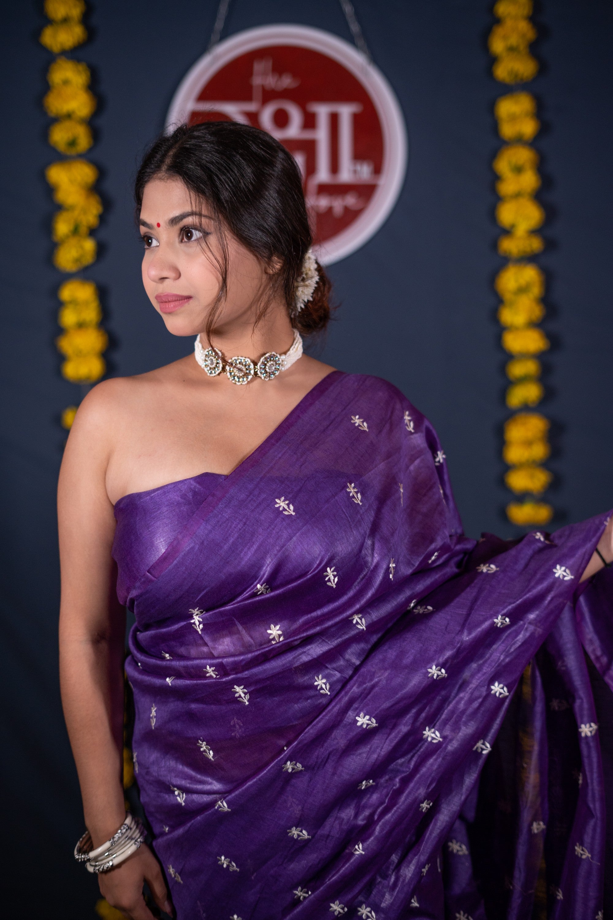 Madhulika- Purple Floral Silk Linen Saree