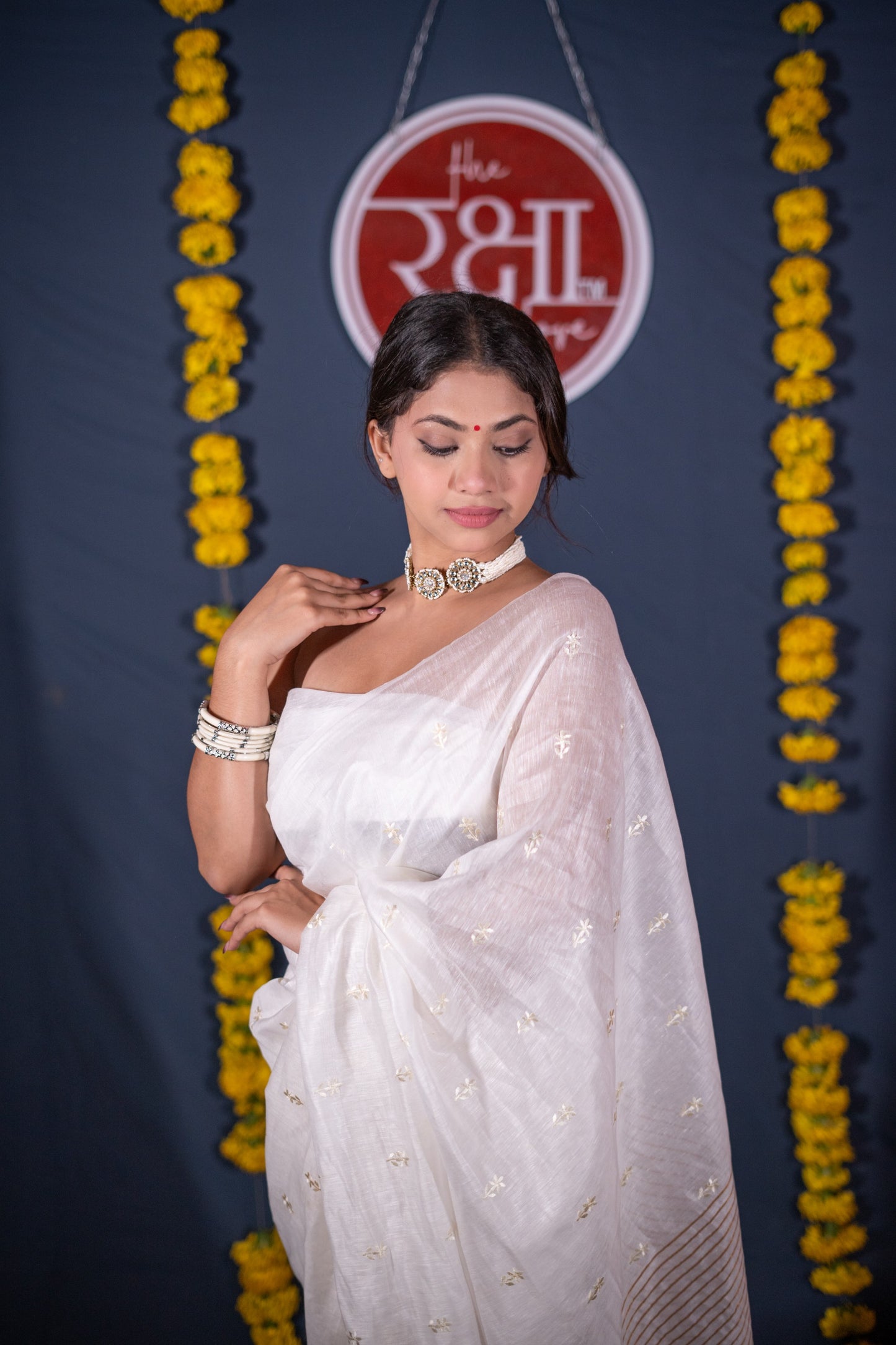 Lavanya- White Floral Silk Linen Saree