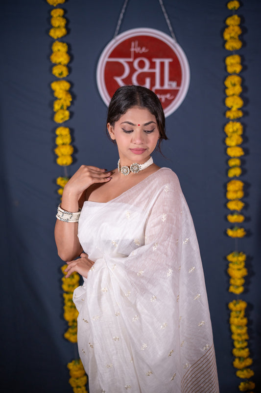 Lavanya- White Floral Silk Linen Saree