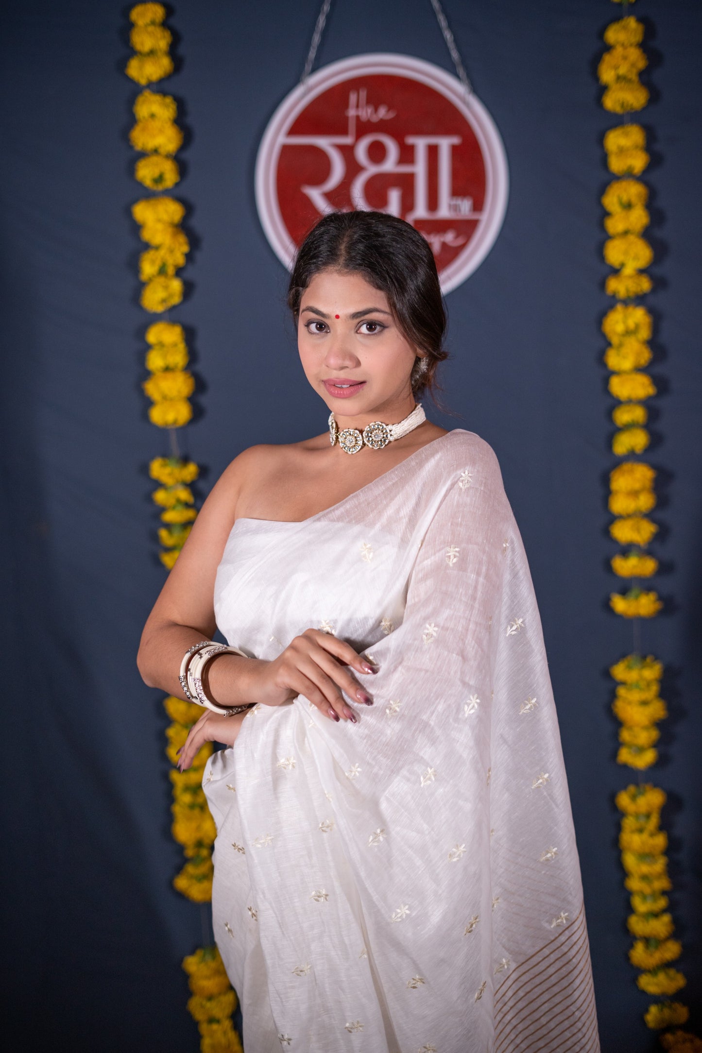 Lavanya- White Floral Silk Linen Saree