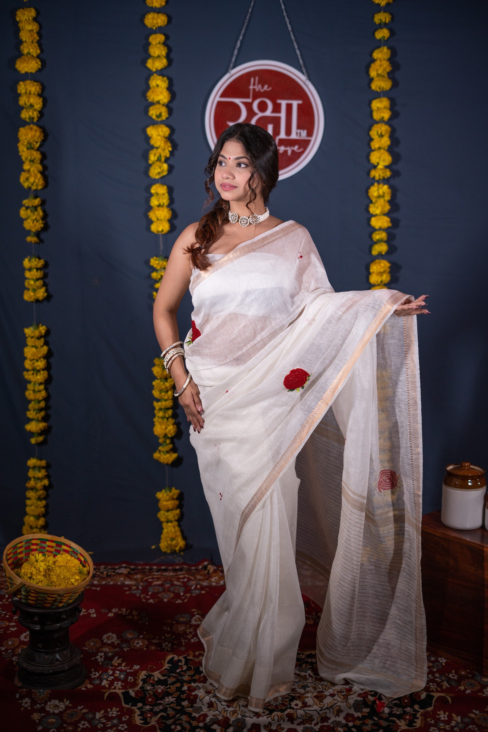 Rohini- Rose White Silk Linen Saree