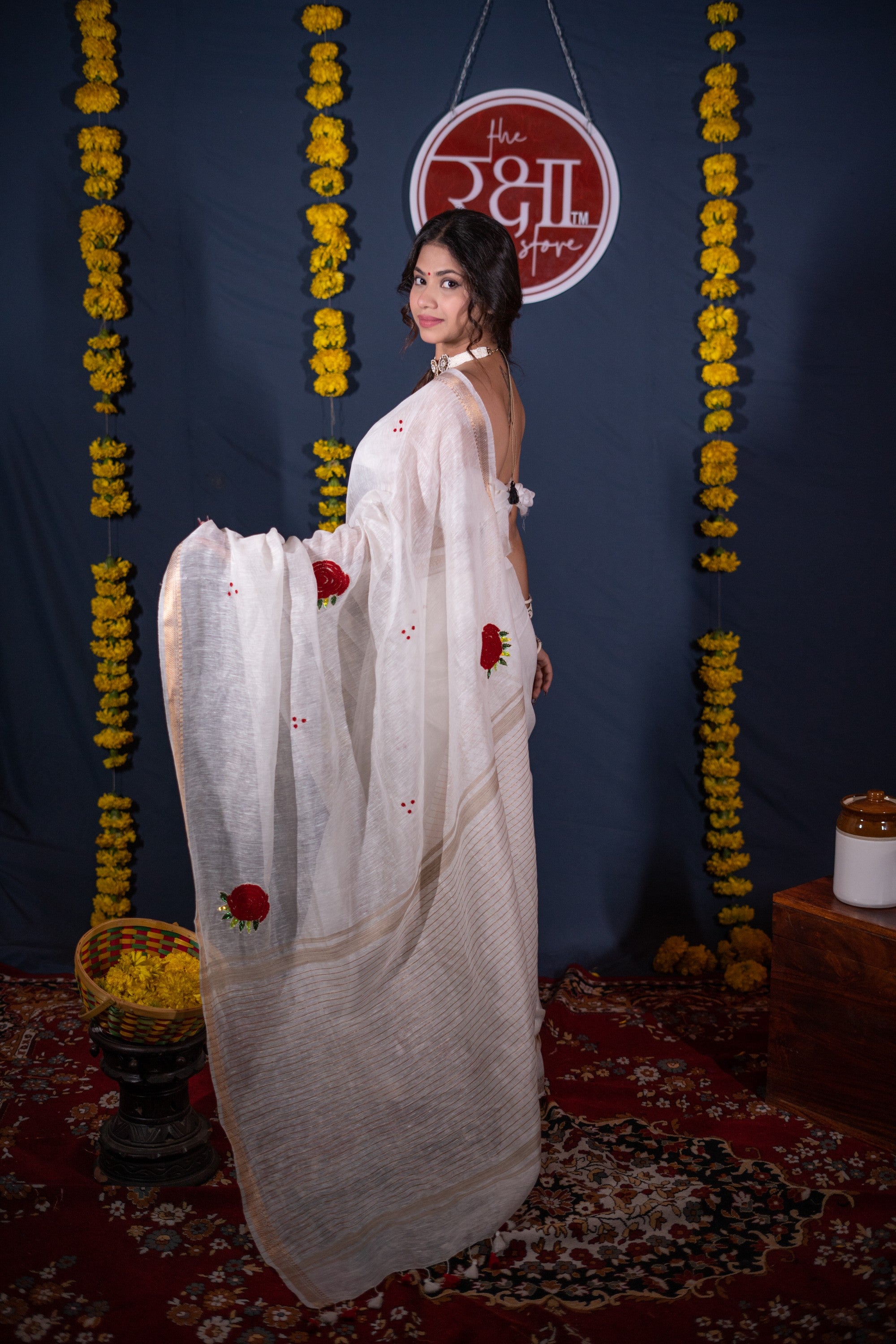 Rohini- Rose White Silk Linen Saree