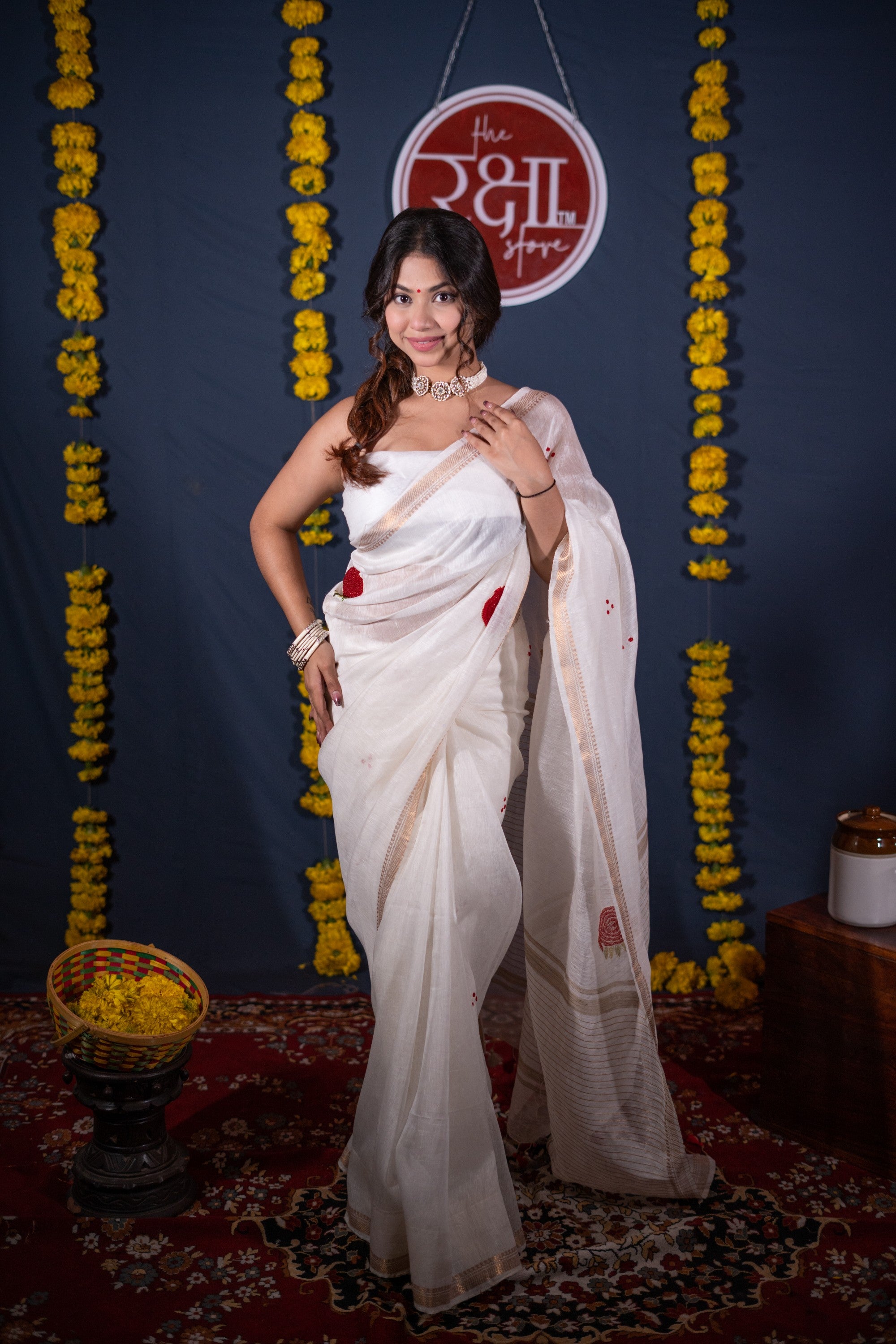 Rohini- Rose White Silk Linen Saree