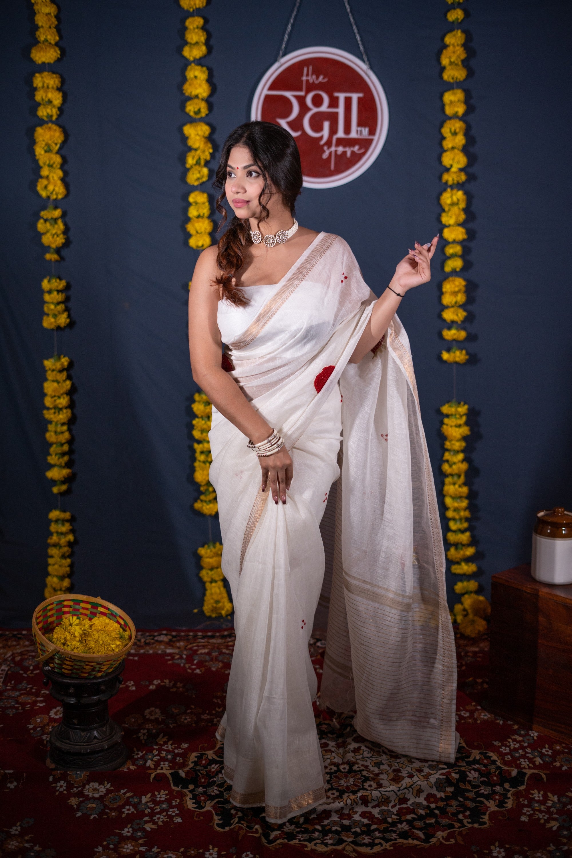 Rohini- Rose White Silk Linen Saree