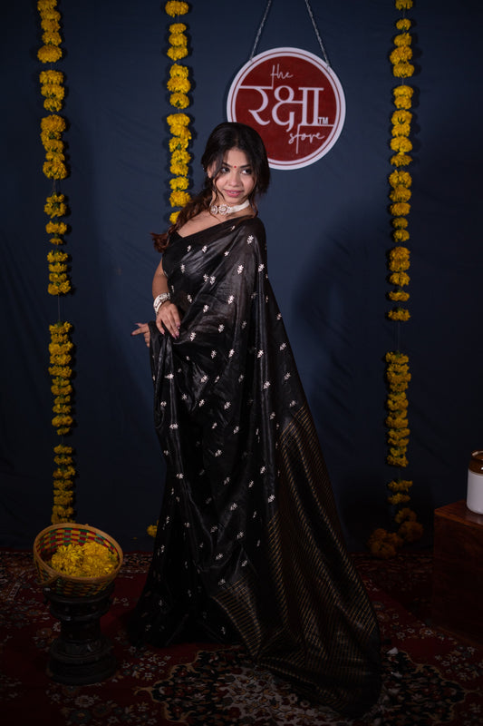 Priyadarshini- Black Floral Silk Linen Saree