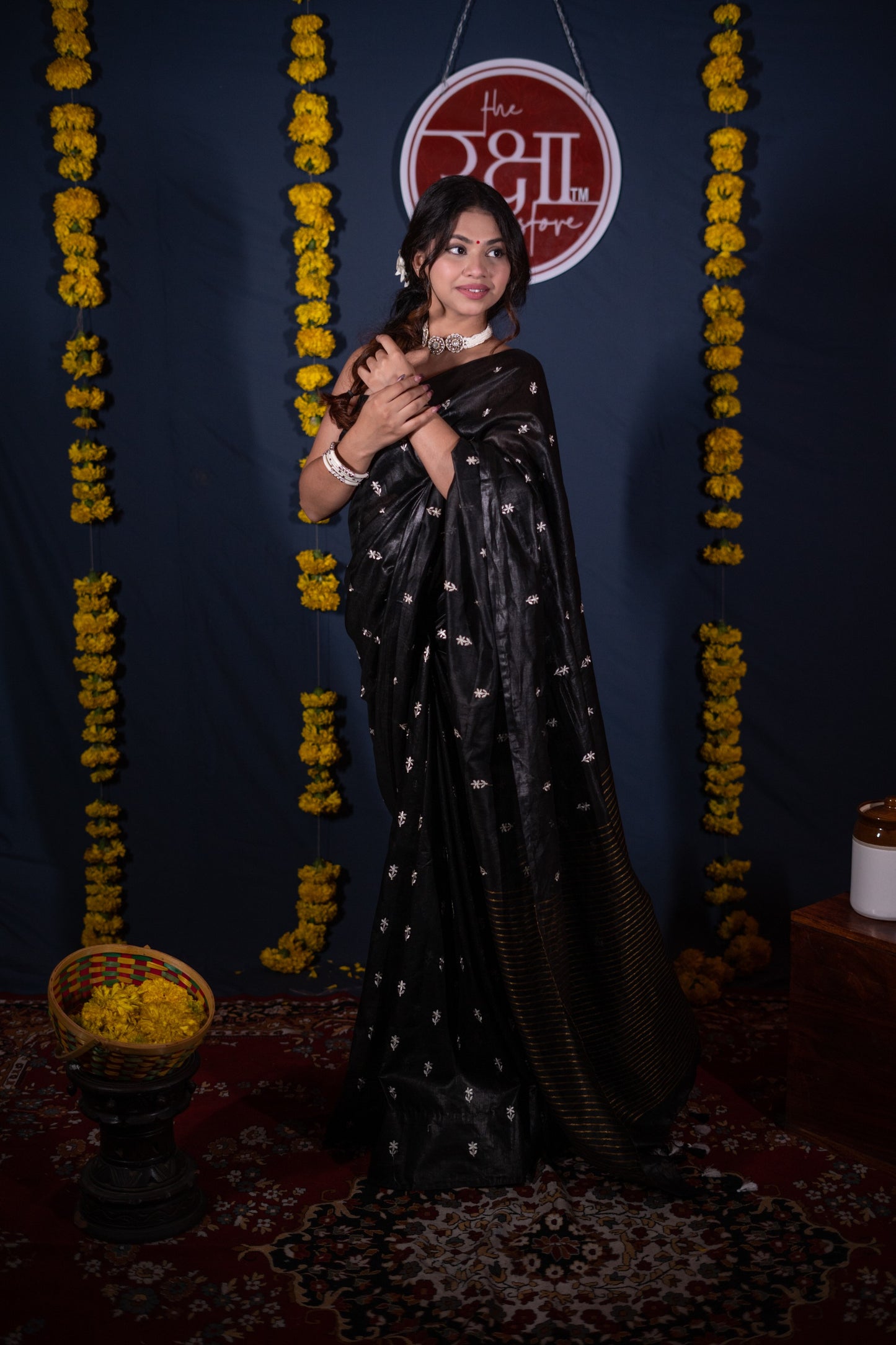 Priyadarshini- Black Floral Silk Linen Saree
