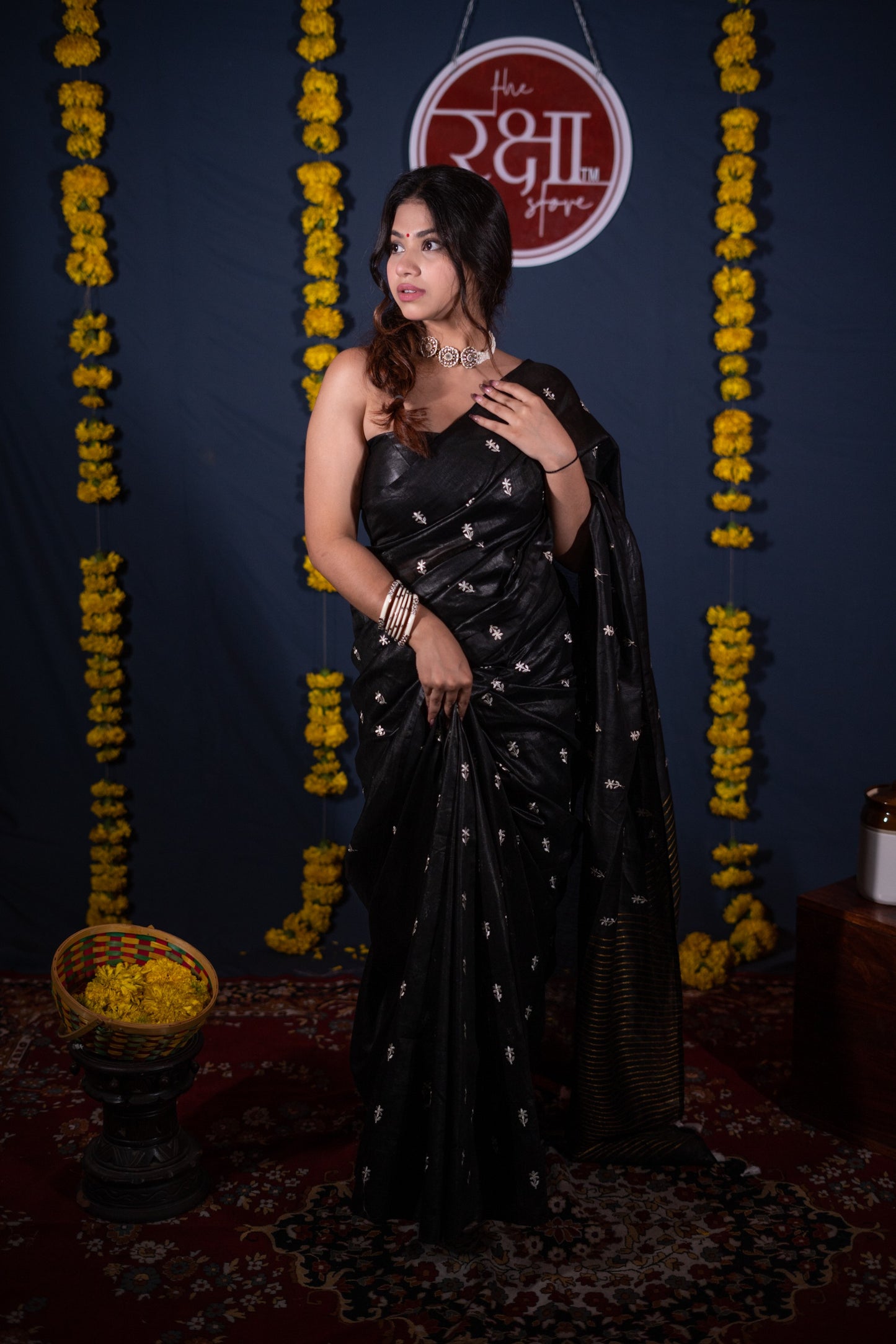 Priyadarshini- Black Floral Silk Linen Saree