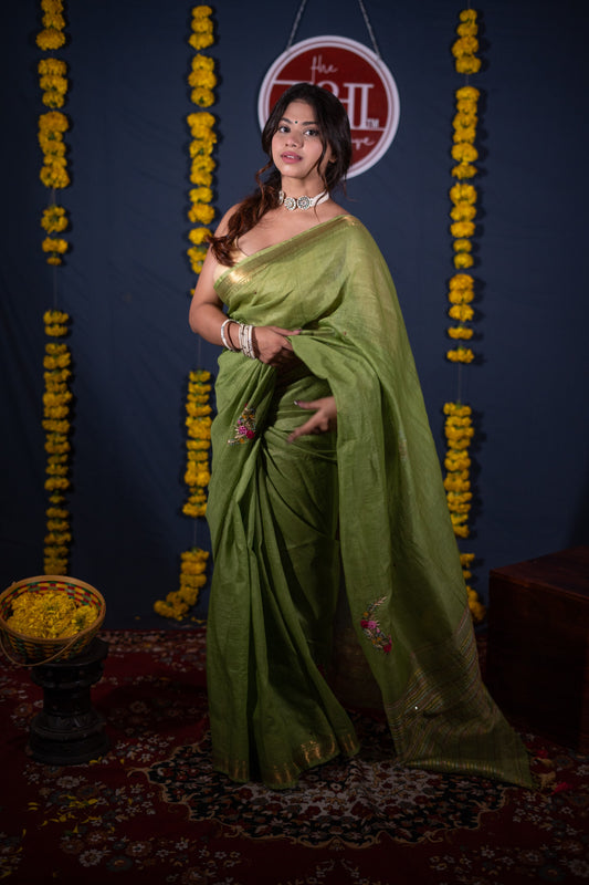 Kalyani- Green Floral Silk Linen Saree