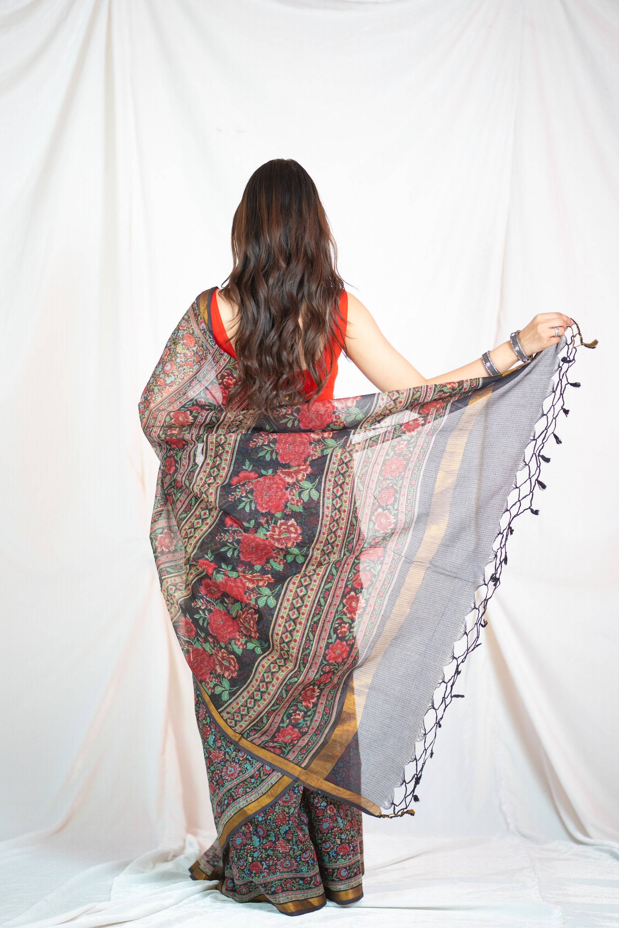 Midnight Bloom Kota Doria Saree