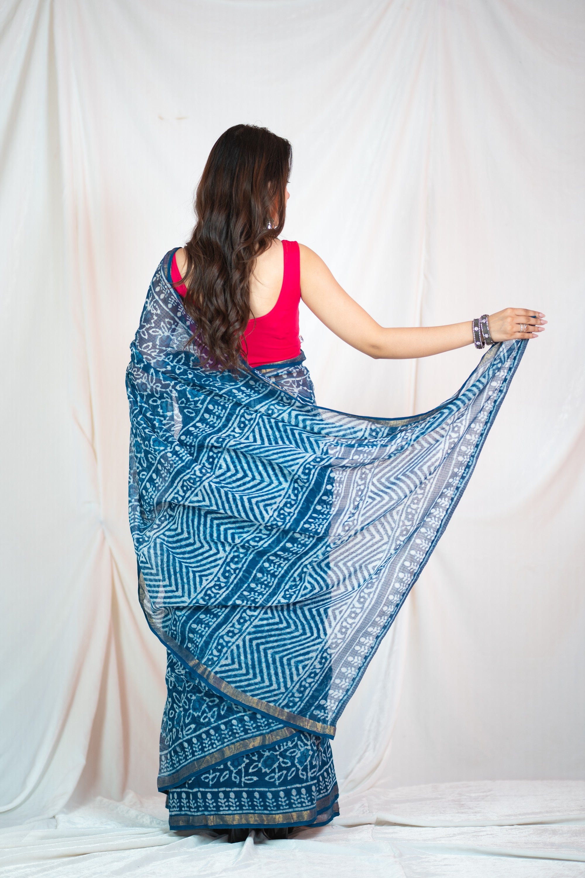 Blue Flower- Floral Indigo Kota Doria Saree