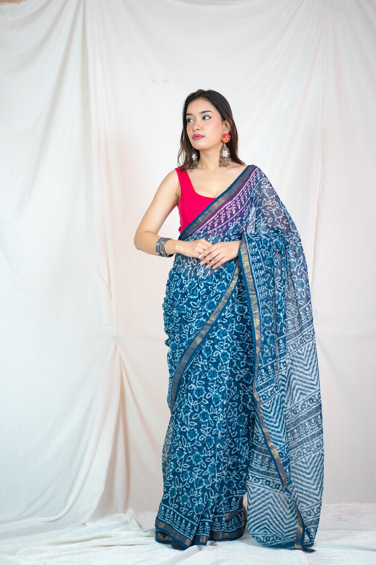 Blue Flower- Floral Indigo Kota Doria Saree
