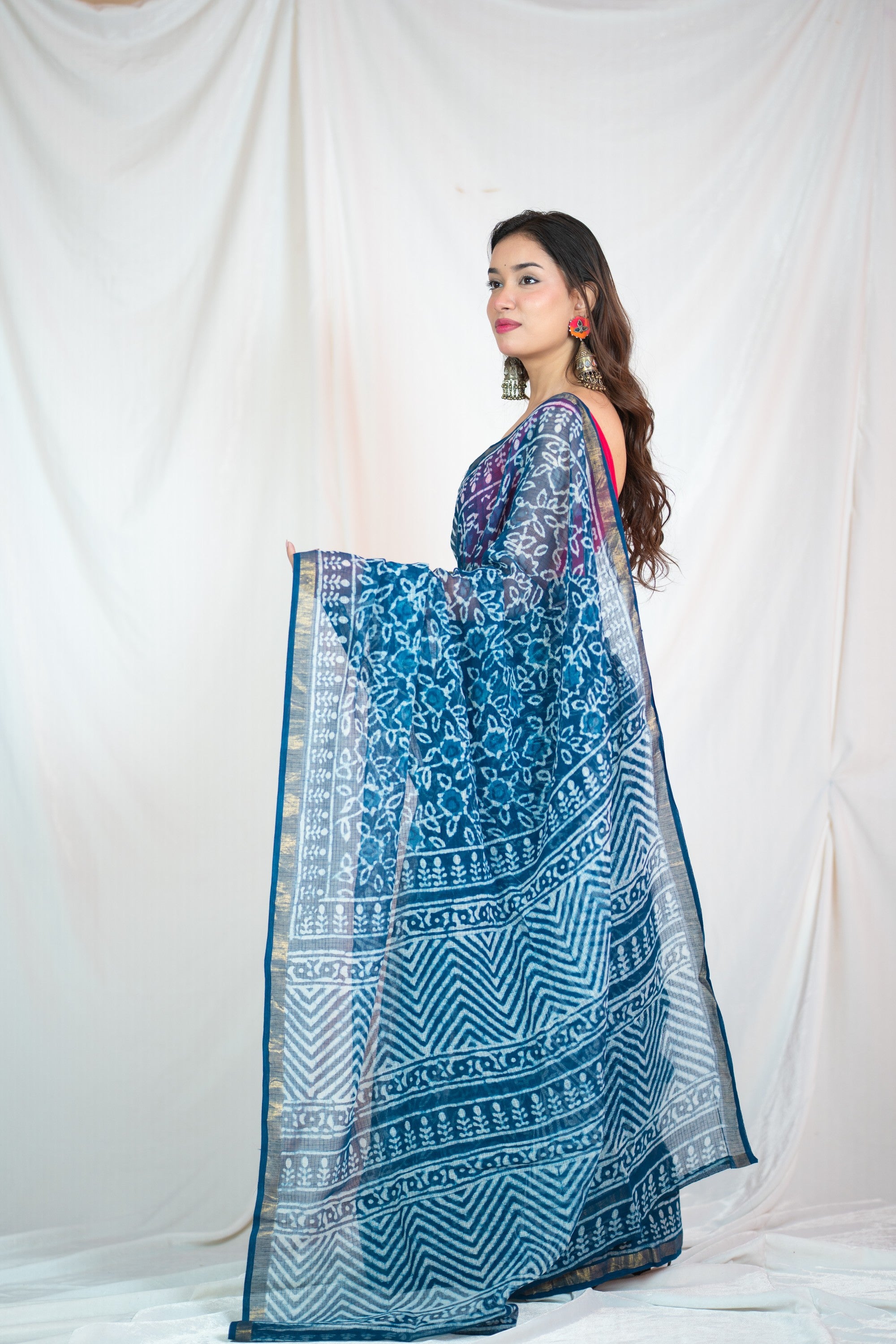 Blue Flower- Floral Indigo Kota Doria Saree
