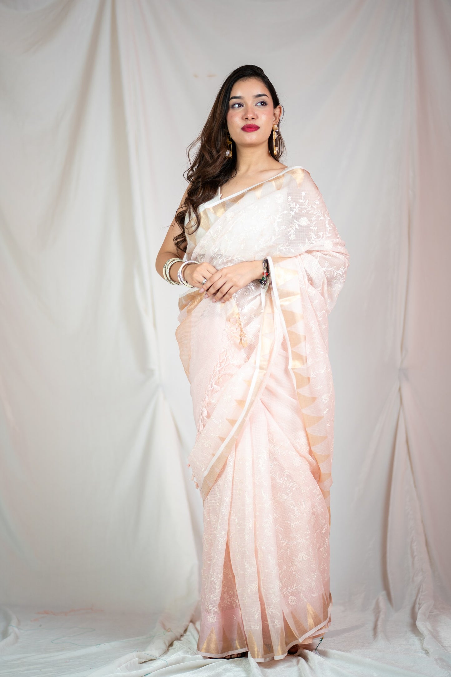 Pink Flower- Emroidered Kota Doria Saree