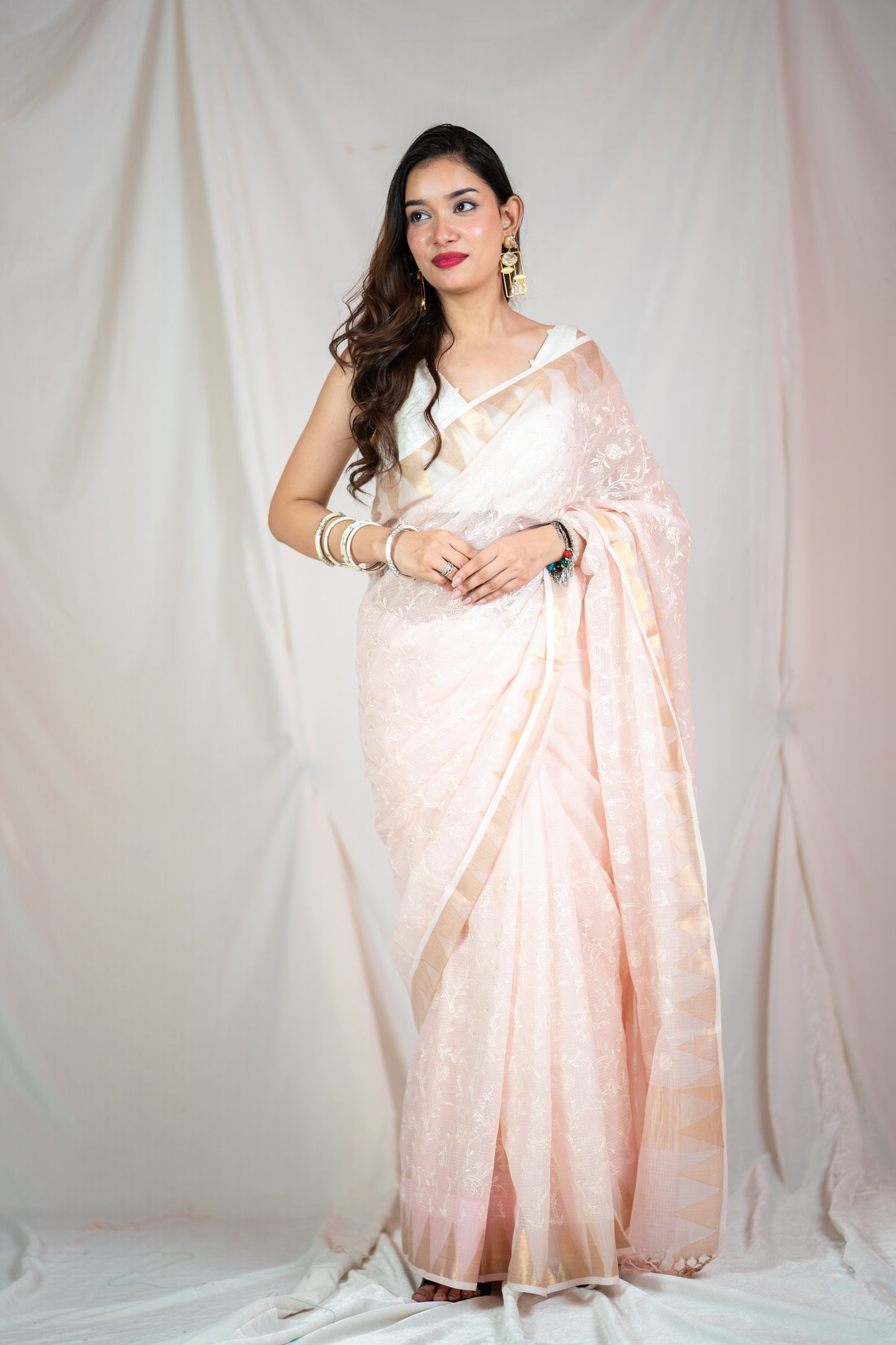 Pink Flower- Emroidered Kota Doria Saree