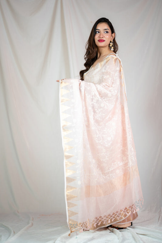 Pink Flower- Emroidered Kota Doria Saree