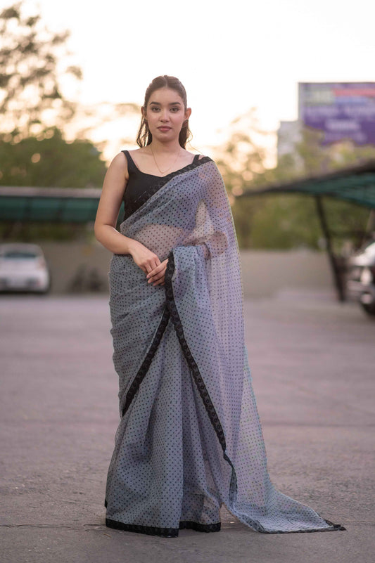 Charcoal Chic- Grey Dotted Kota Doria Saree