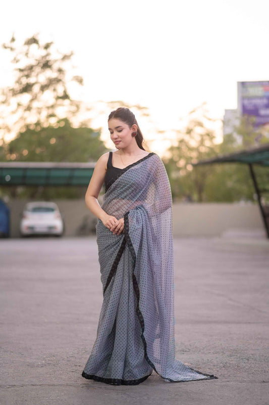 Charcoal Chic- Grey Dotted Kota Doria Saree