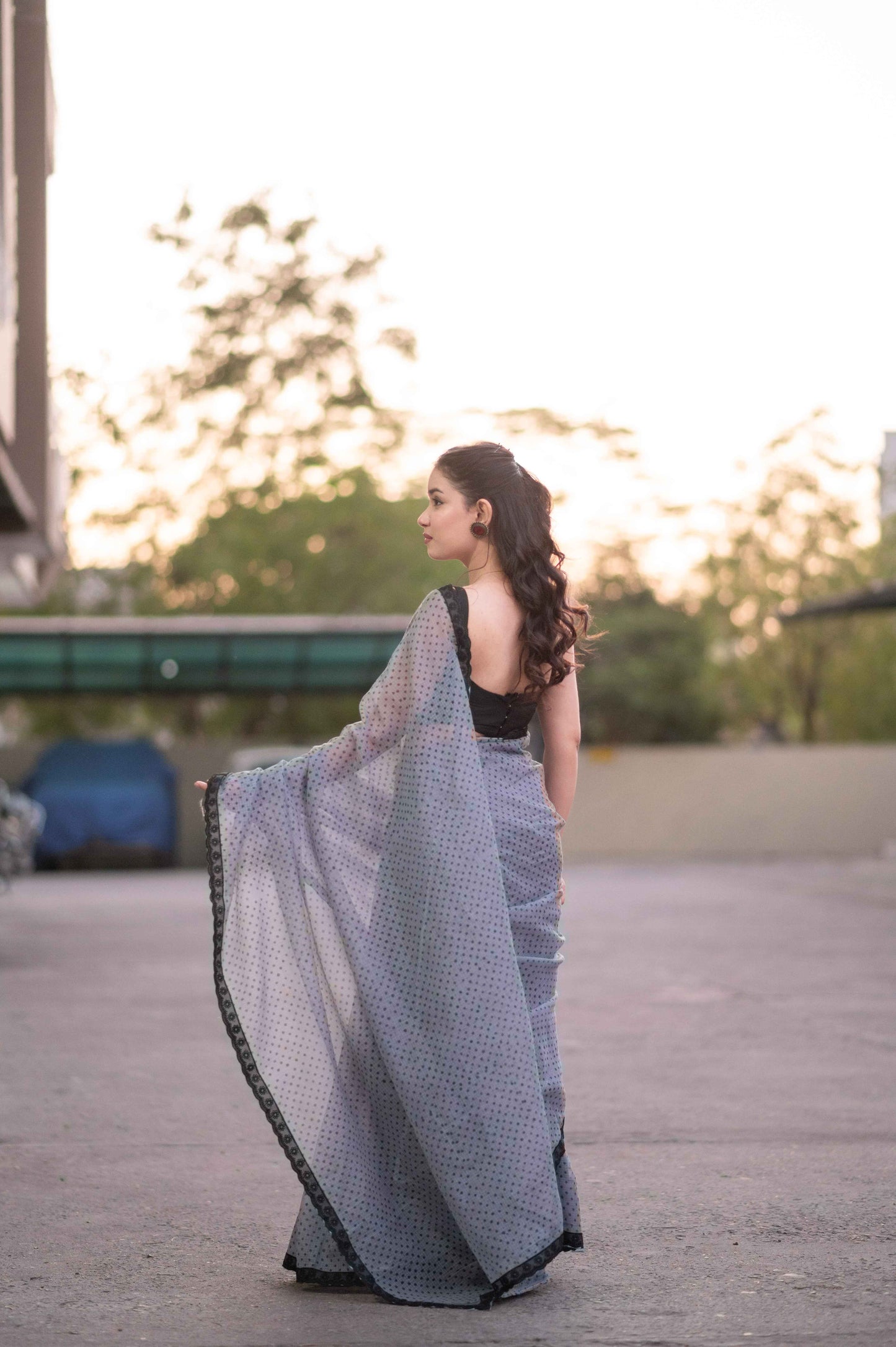 Charcoal Chic- Grey Dotted Kota Doria Saree
