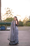 Charcoal Chic- Grey Dotted Kota Doria Saree