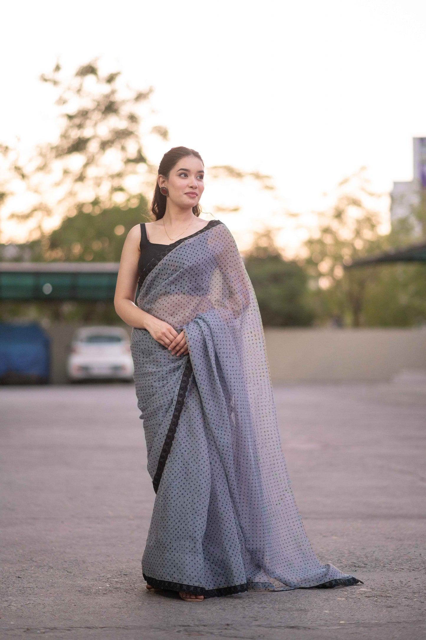 Charcoal Chic- Grey Dotted Kota Doria Saree