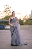 Charcoal Chic- Grey Dotted Kota Doria Saree