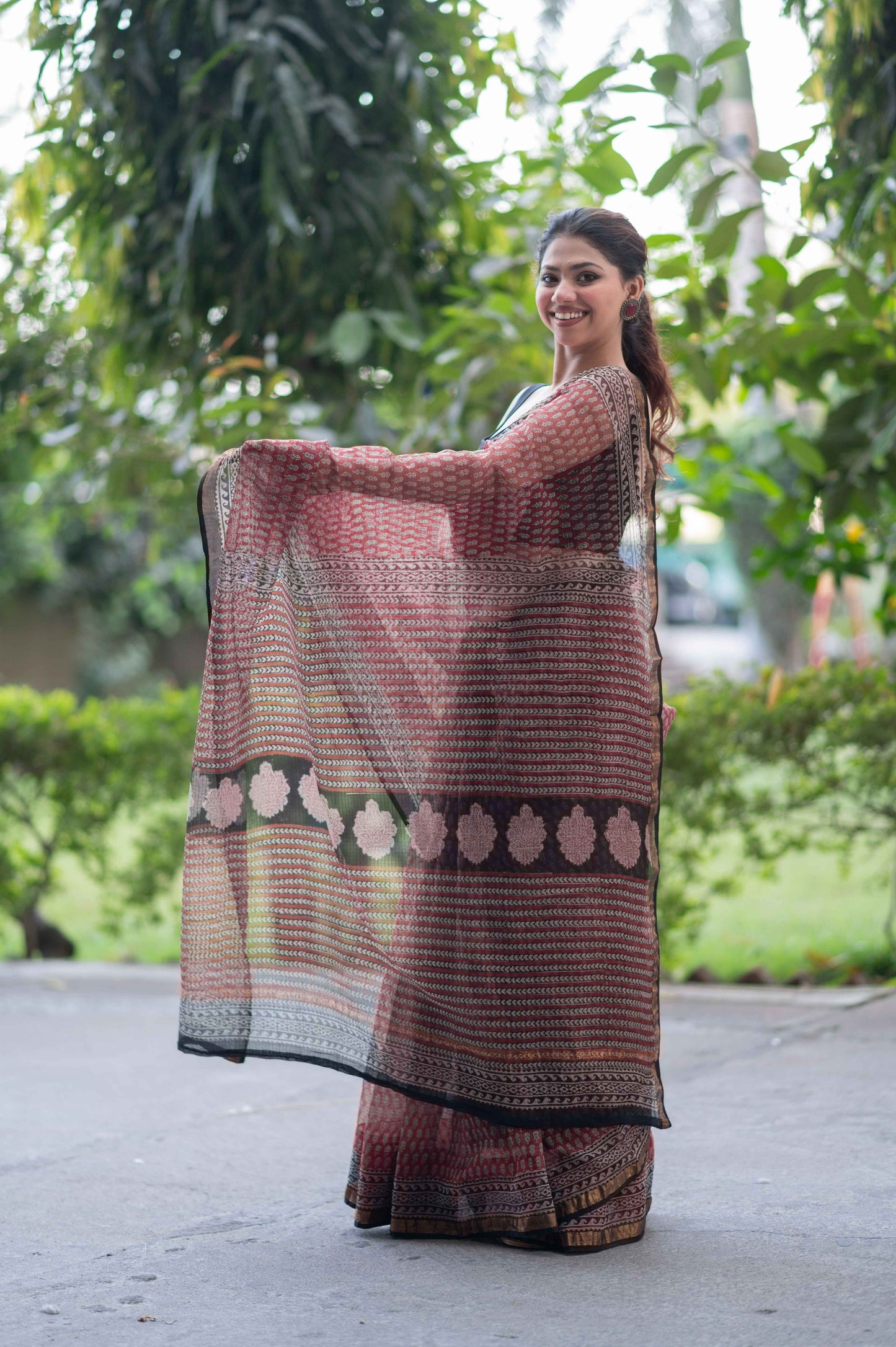 Cherry Charm- Red Ajrakh Kota Doria Saree