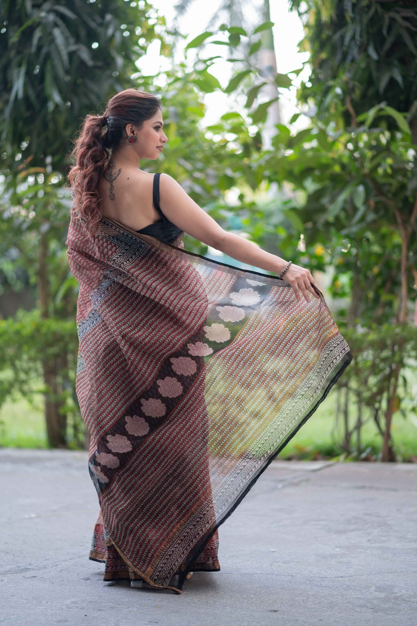 Cherry Charm- Red Ajrakh Kota Doria Saree