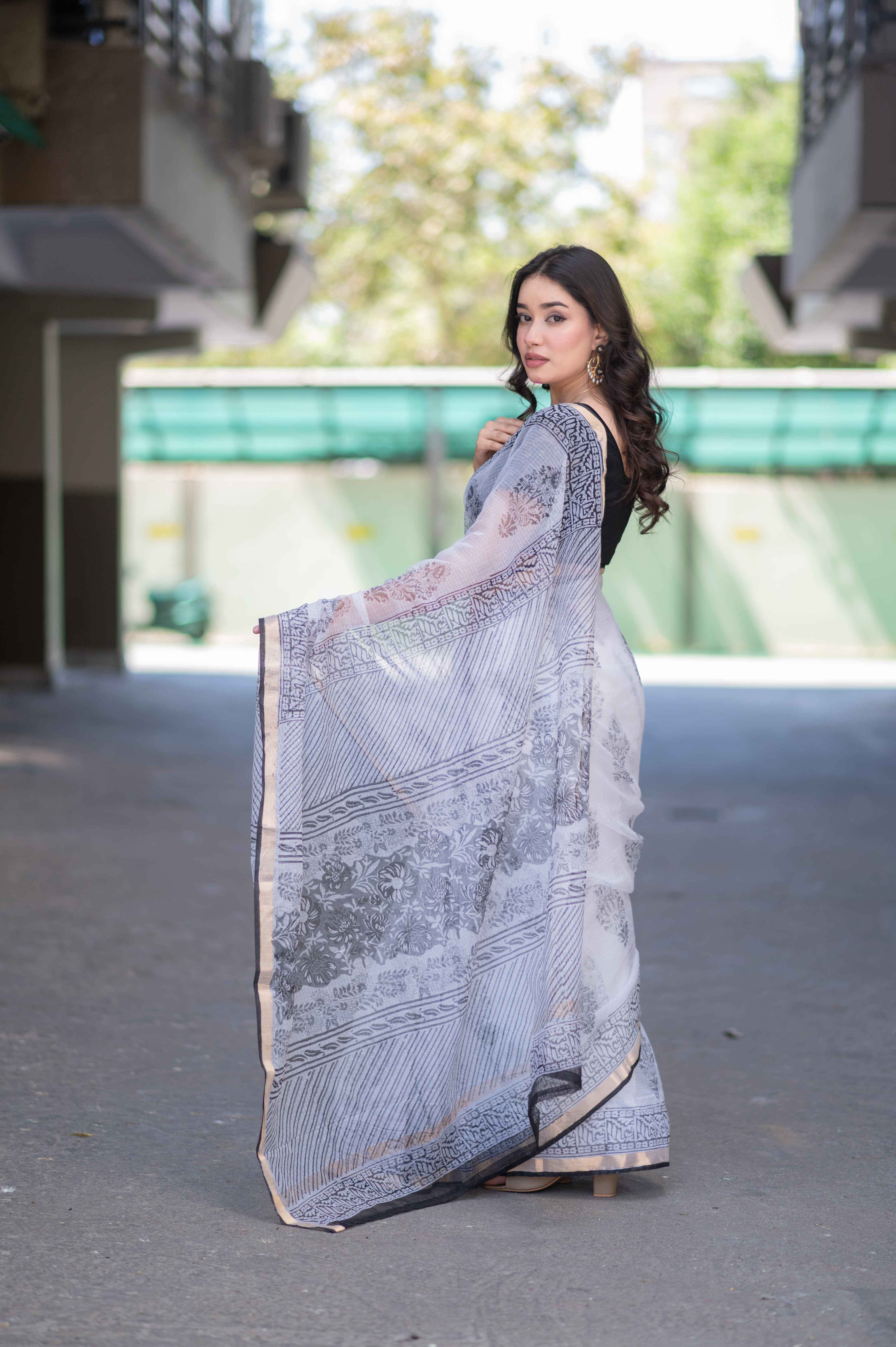 Cloud Bliss - White Kota Doria Saree