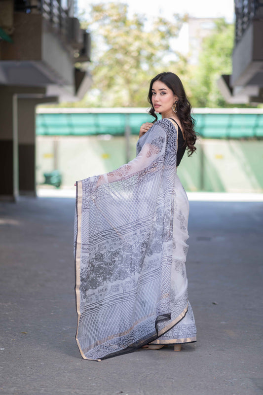 Cloud Bliss - White Kota Doria Saree