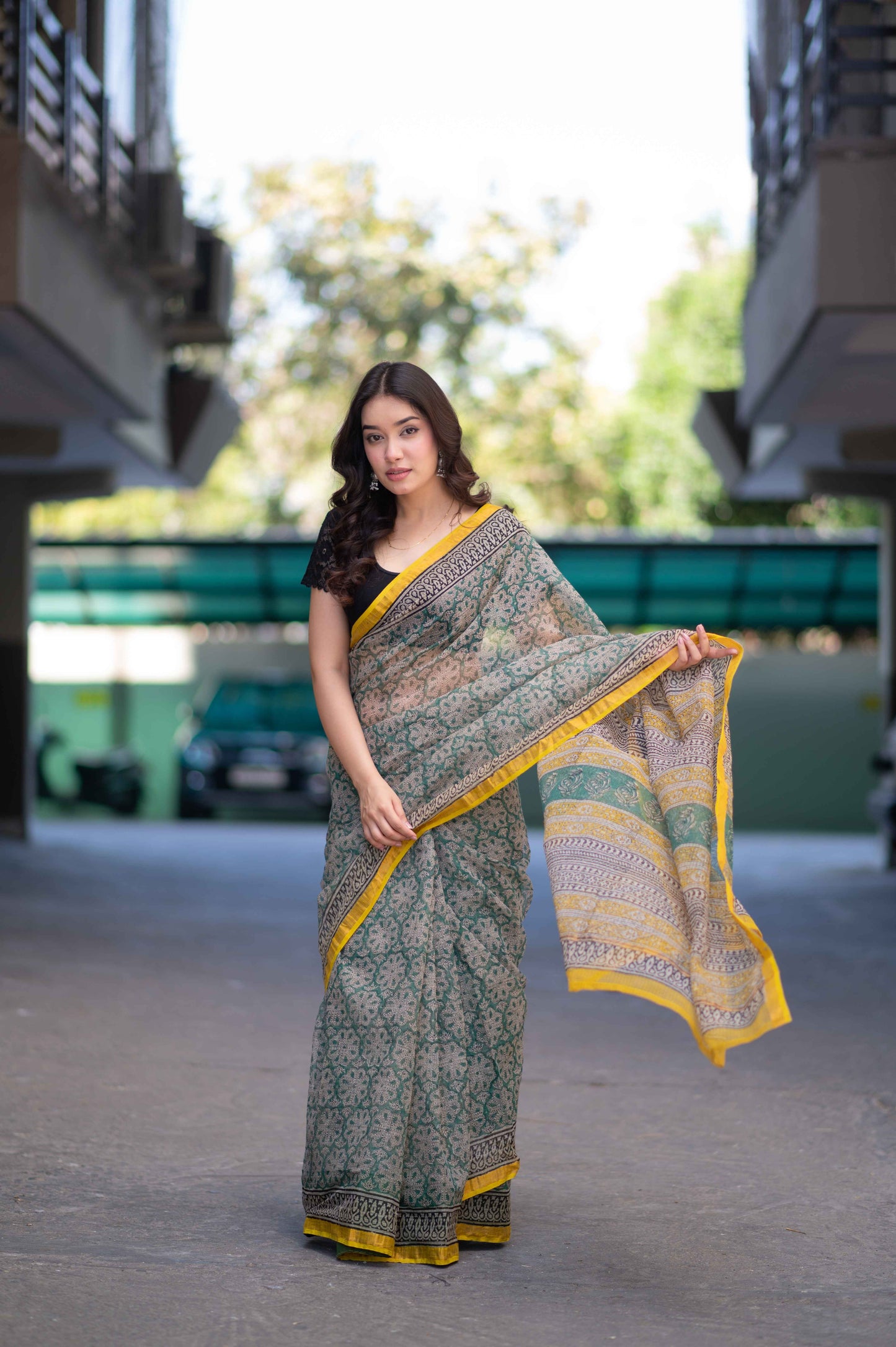 Dewdrop Glow- Green Bagru Kota Doria Saree