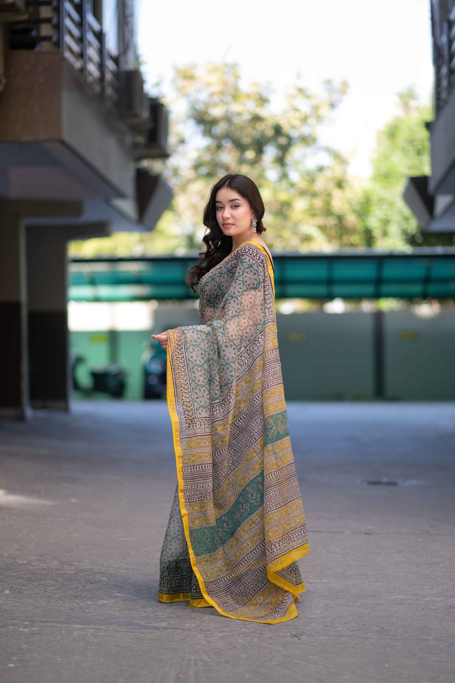 Dewdrop Glow- Green Bagru Kota Doria Saree