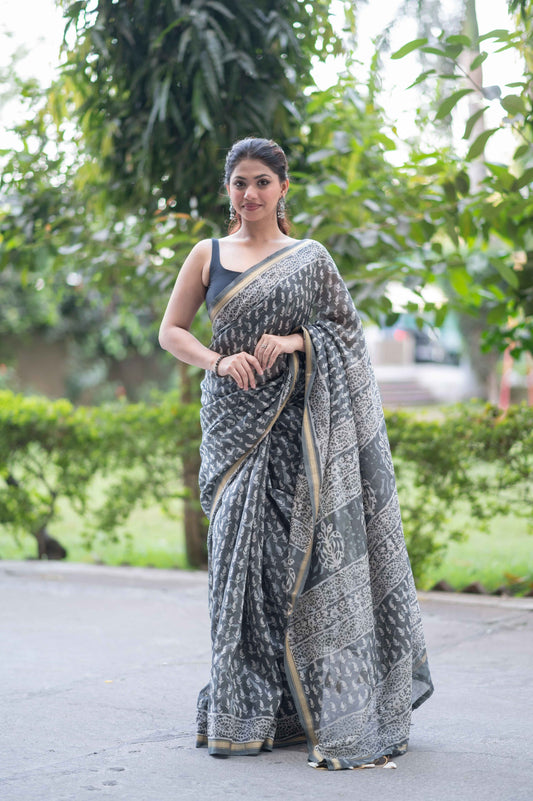 Slate Symphony- Maheshwari Silk Saree