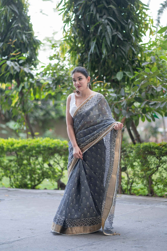 Misty Meadows- Grey Kota Doria Saree