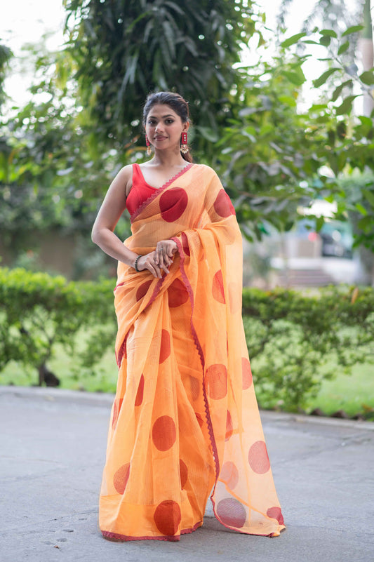 Mathe Ri Bindu- Orange Kota Doria Saree