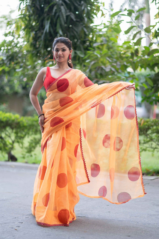 Mathe Ri Bindu- Orange Kota Doria Saree