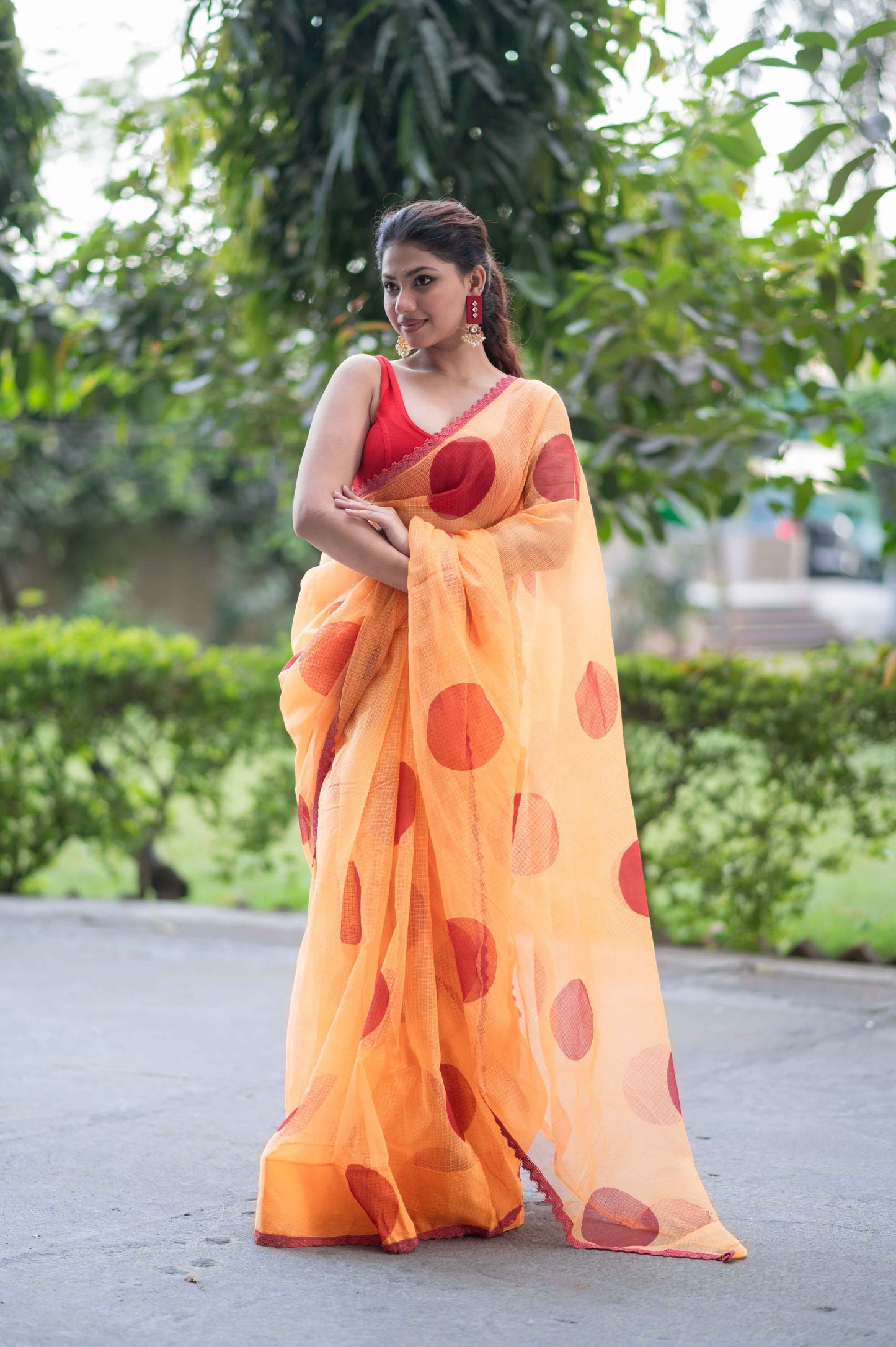 Mathe Ri Bindu- Orange Kota Doria Saree