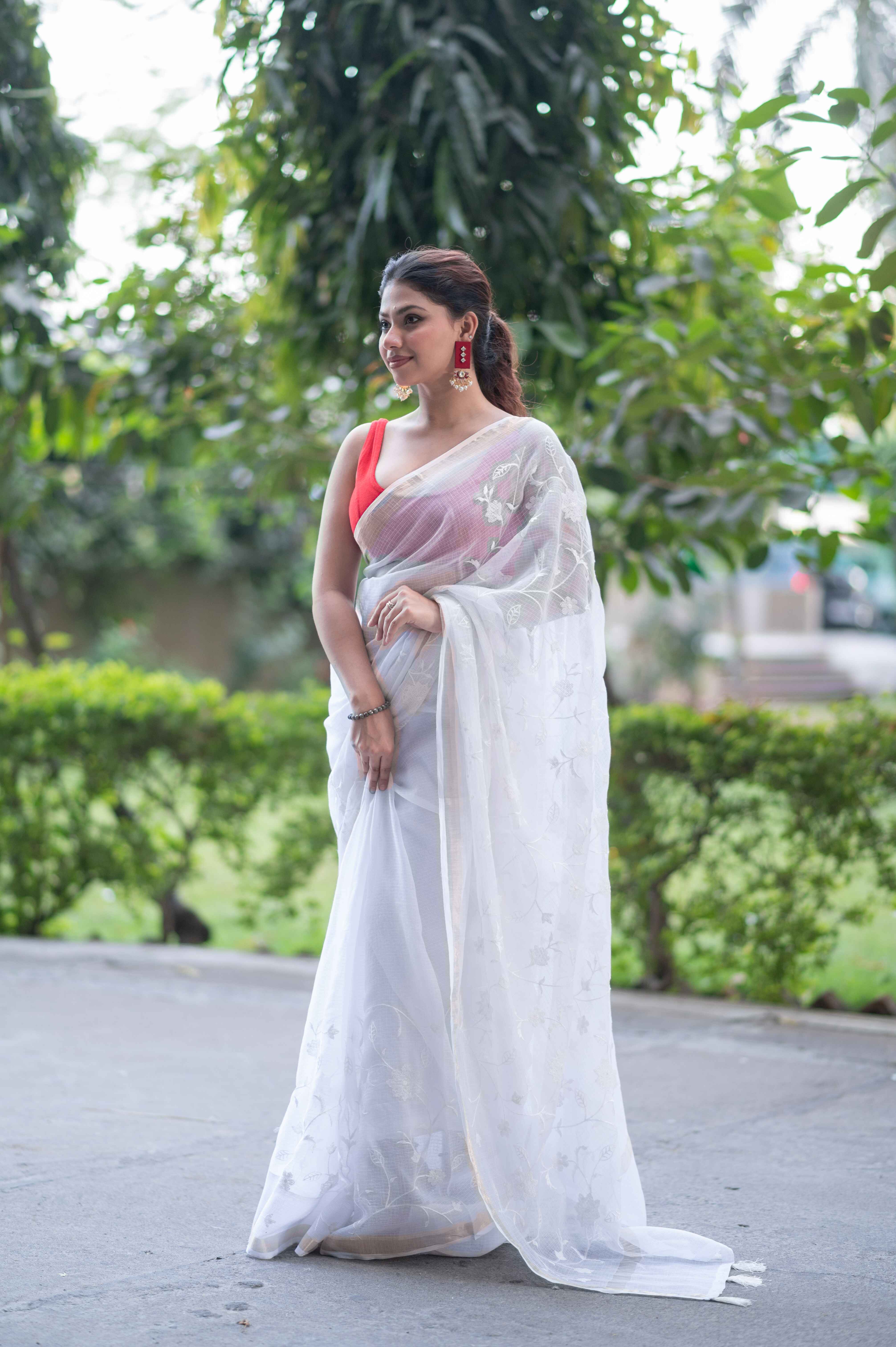Snowflakes - White Kota Doria Saree
