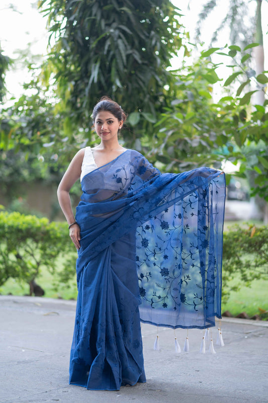Blue Lagoon Bliss- Emb Kota Doria Saree