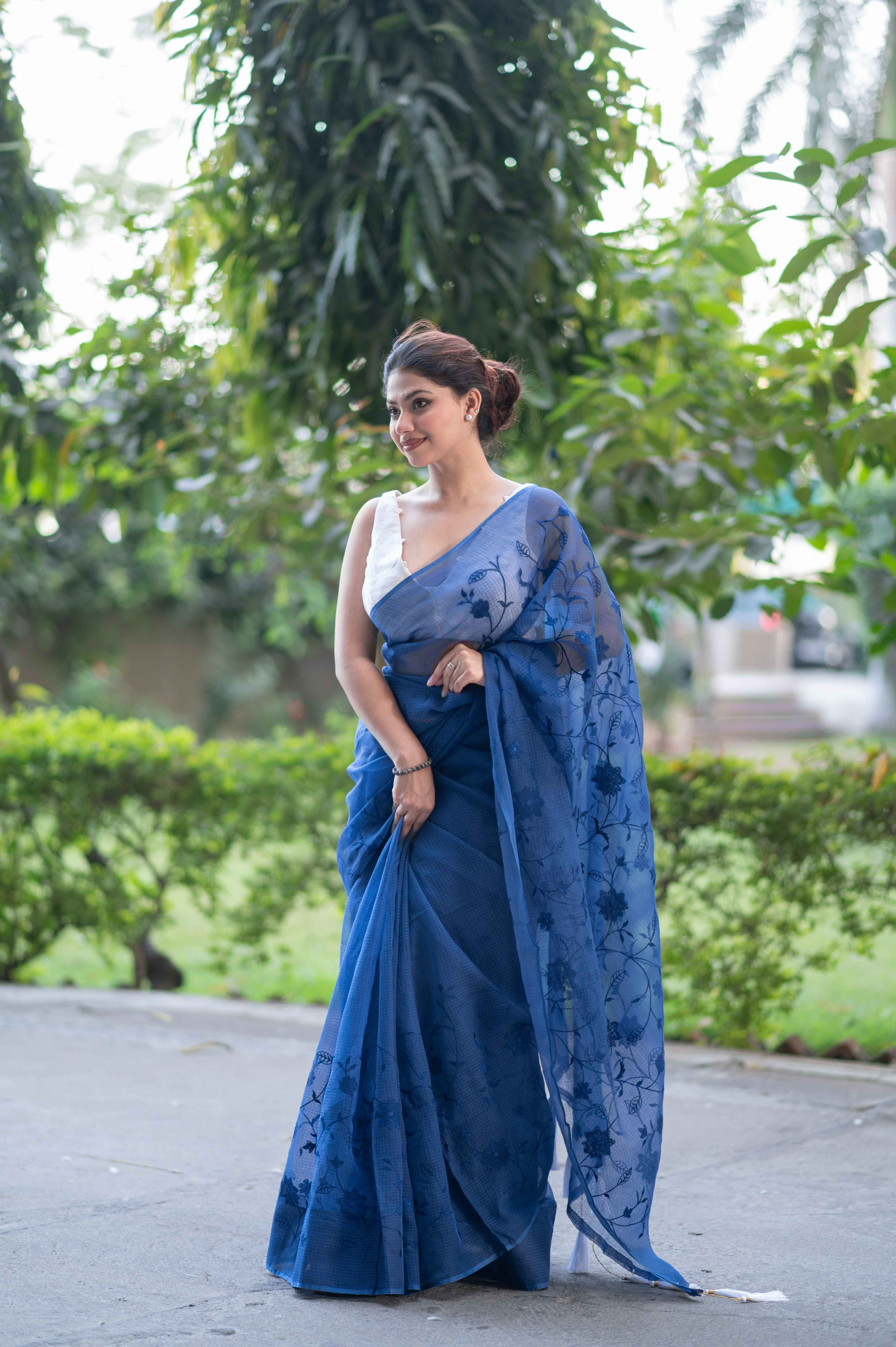 Blue Lagoon Bliss- Emb Kota Doria Saree