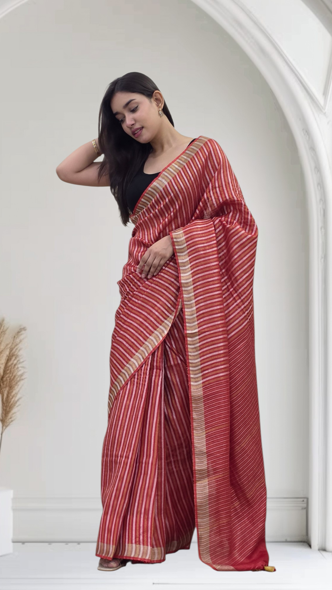 Devyani - Red Striped Linen Saree