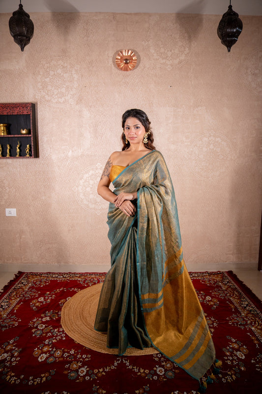 Dhriti- Green Saree with zari stripes
