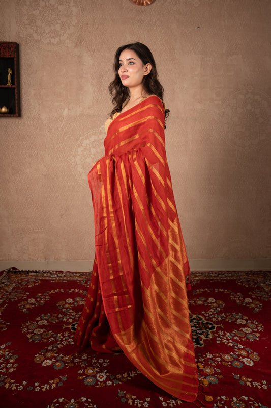 Dhvalima- Red Striped Linen Saree