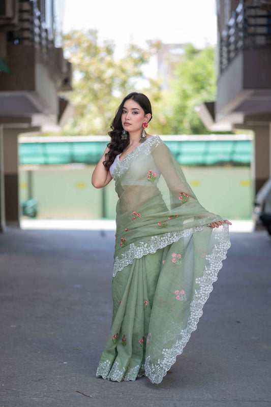 Fern Delight- Green Kota Doria Saree