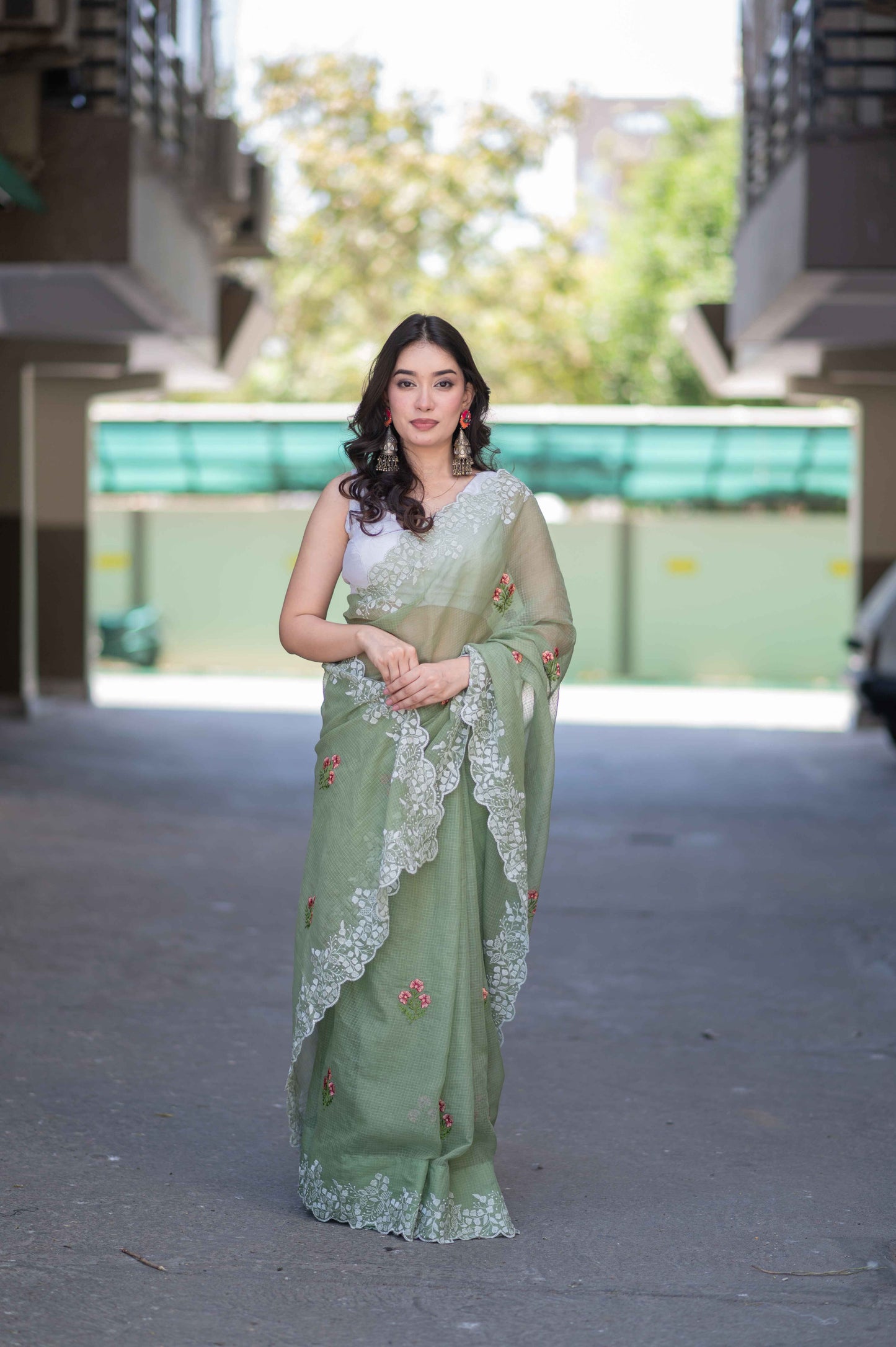 Fern Delight- Green Kota Doria Saree