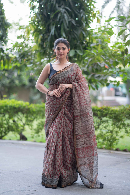 Garnet Gleam- Ajrakh Kota Doria Saree