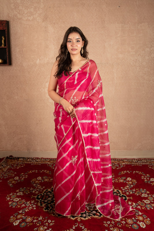 Gulsheen- Pink Leheriya Kota Silk saree