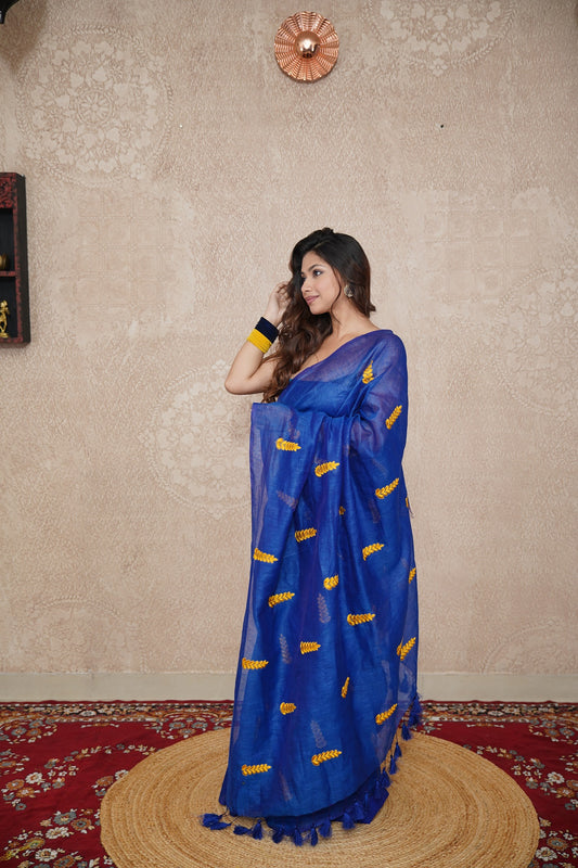 Hansika-Blue Silk Saree with leaf embroidery